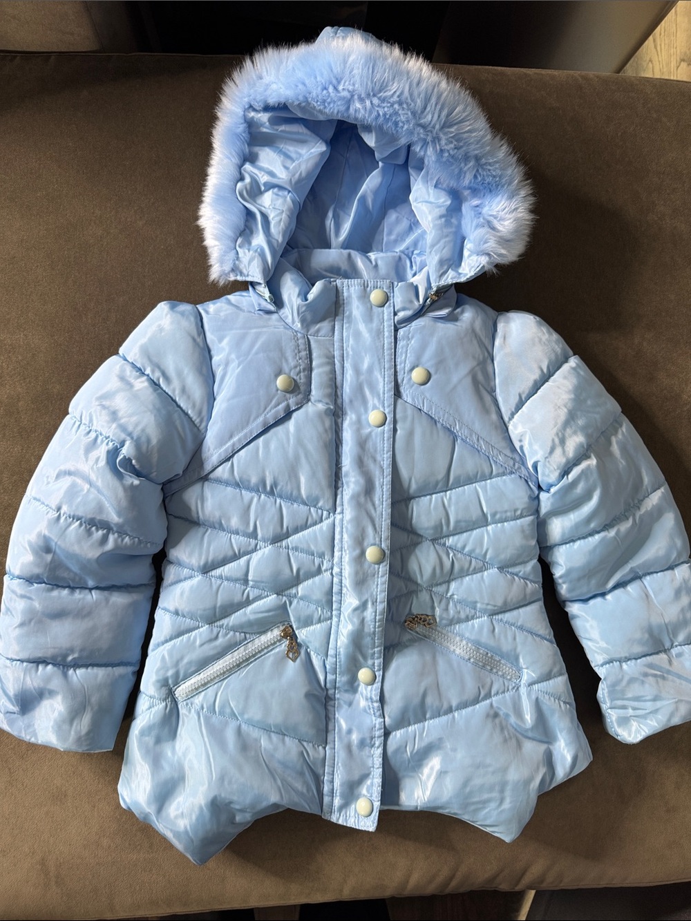 Light Blue Kids Puffer Coat Removable Faux Fur Hood Full Zip Front Size 6-8